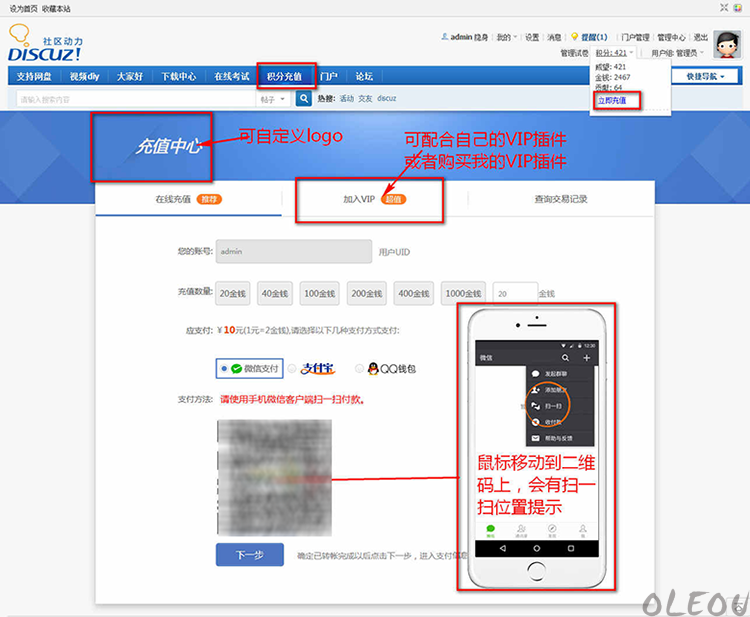 Discuz插件 DZ论坛个人支付宝微信免签约积分充值 v1.0
